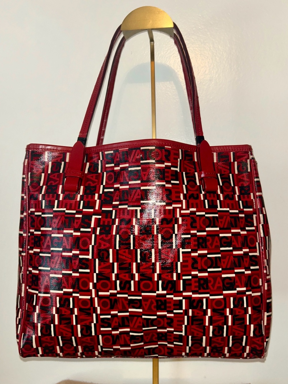 Vintage Salvatore Ferragamo Red Logogram Canvas Shoulder Tote Bag.